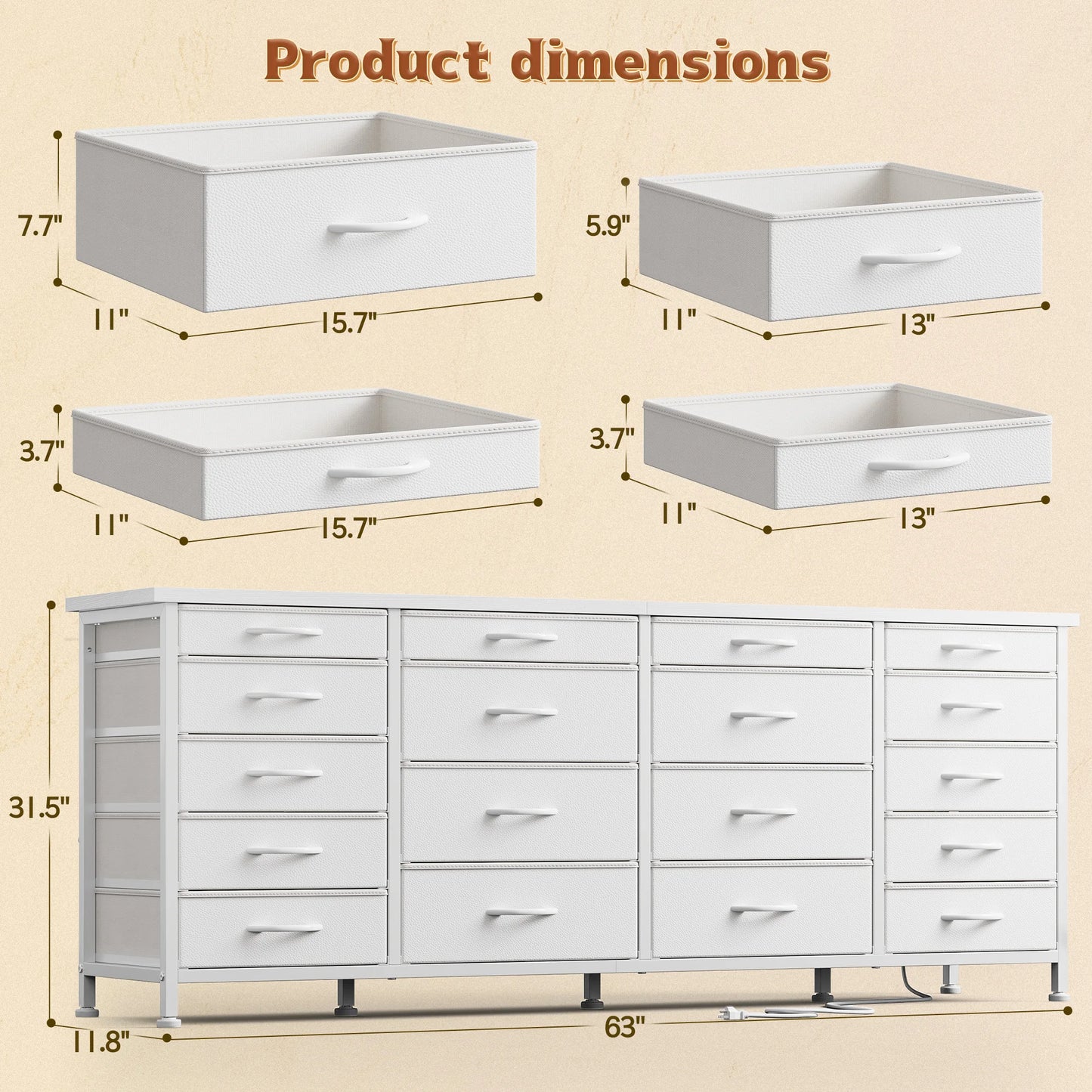 Large Capacity 63 Inch Dresser with 18 Deep Drawers LED Lighting and Built In Power Hub for Bedroom Living Room or Hallway