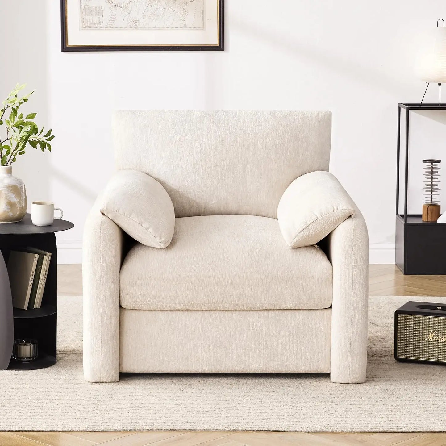 38.6in Chenille Oversized Armchair Mid-Century Upholstered Lounge Reading Chair Living Room Bedroom Beige Customized