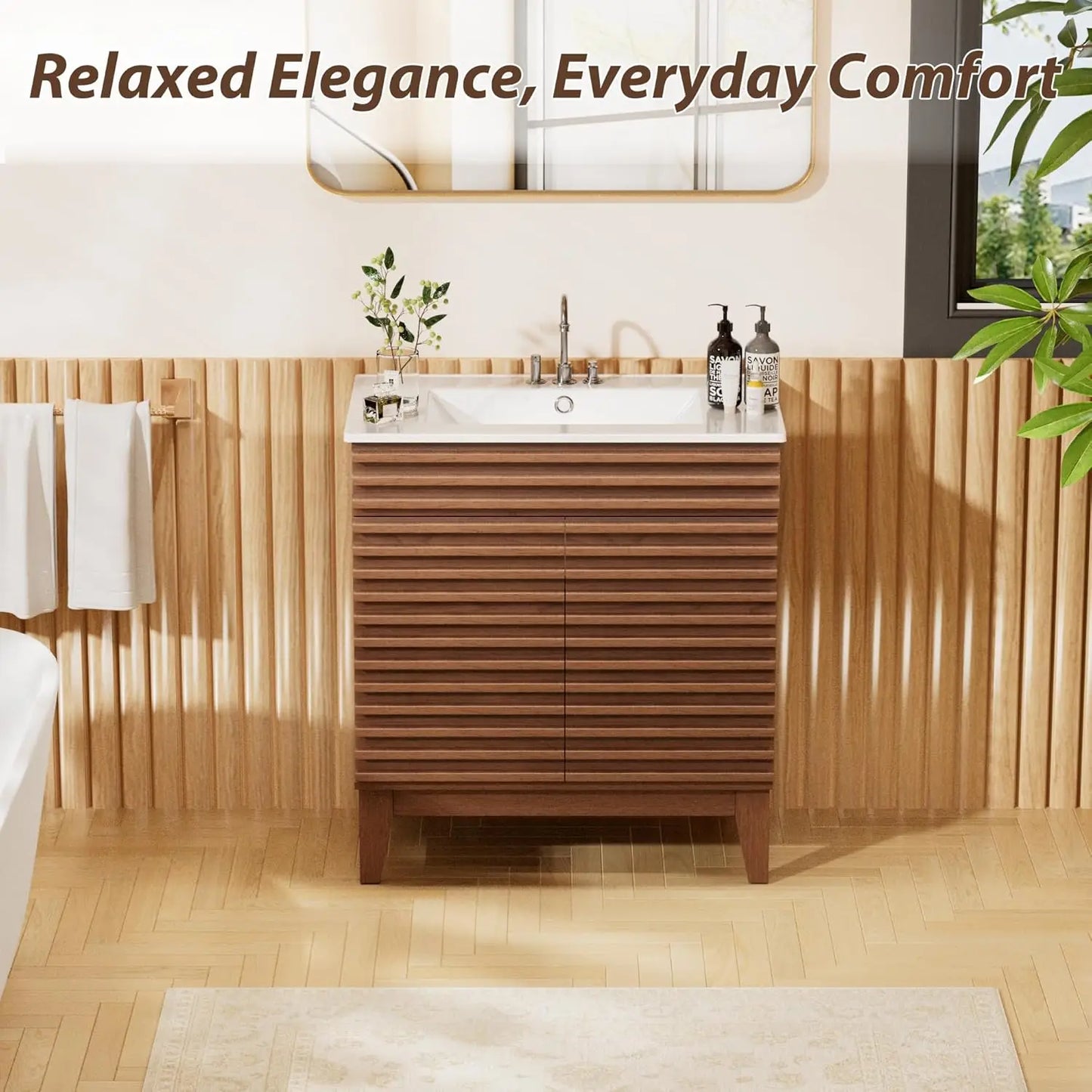30" Mid-Century Bathroom Vanity Cabinet Ceramic Sink Soft Close Doors Freestanding Particleboard Wood Grain Walnut Customized