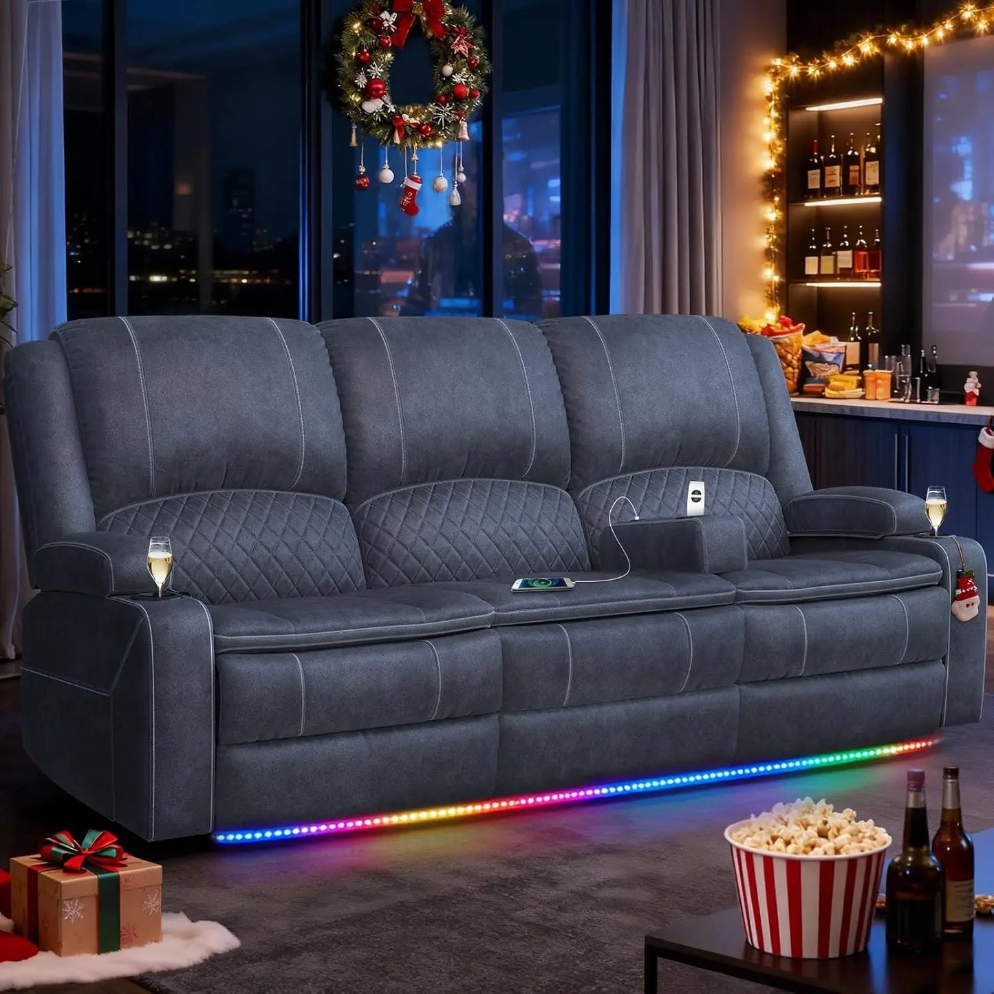 3 Seat Recliner Sofa with Console, Armrest, PU Leather, Cup Holders, USB Ports, Living Room/RV, Customized