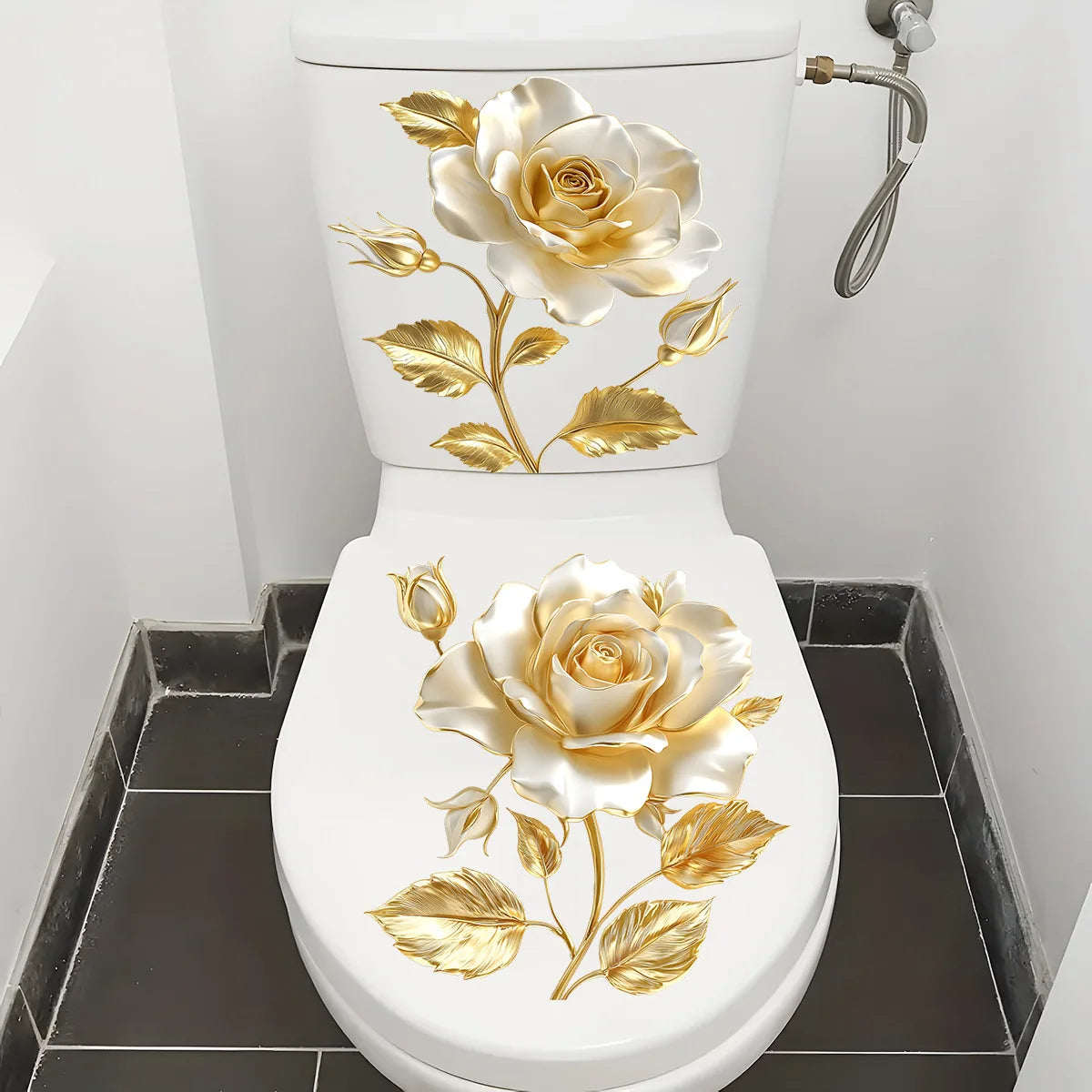 Beautiful Golden Flower Toilet Sticker Bathroom Toilet Cover Decorative Sticker Waterproof Self Adhesive