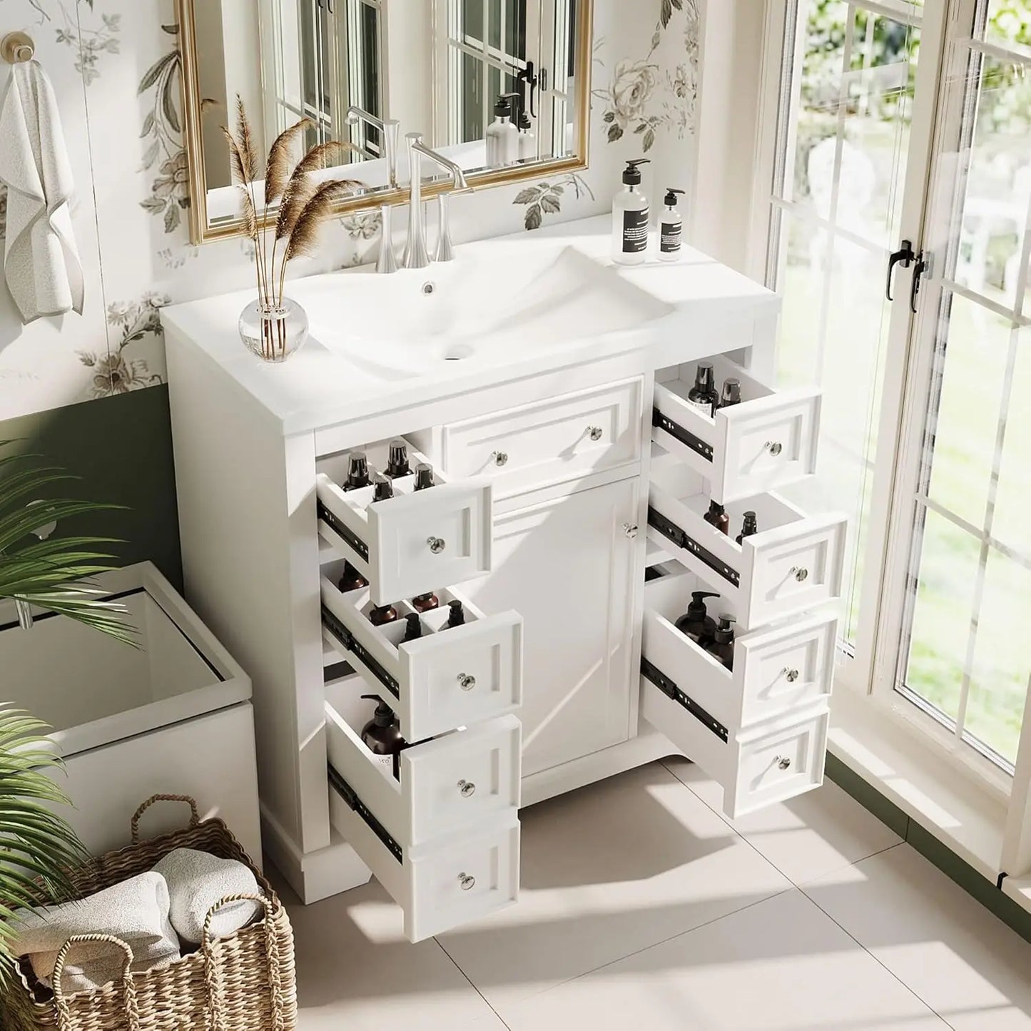 36" Bathroom Vanity Basin Sink Cabinet 6 Drawers Storage No Mirror White, Customized