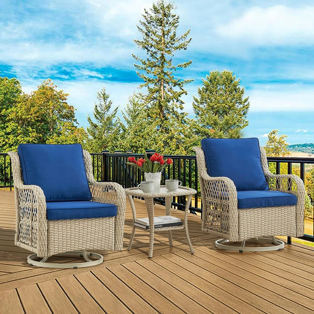 3-Piece Wicker Swivel Rocking Patio Set, 2 Chairs & Glass Table, Rattan Outdoor Furniture With Cushions For Patio Porch Backyard