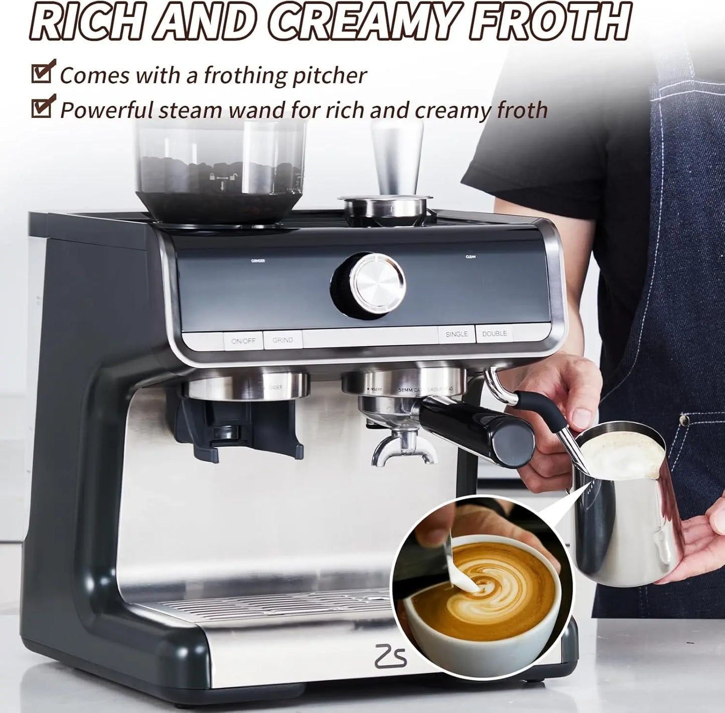20 Bar Semi-Automatic Coffee Machine Built-in Bean Grinder & Steam Wand 2.8L Removable Water Tank Professional Home Cappuccino
