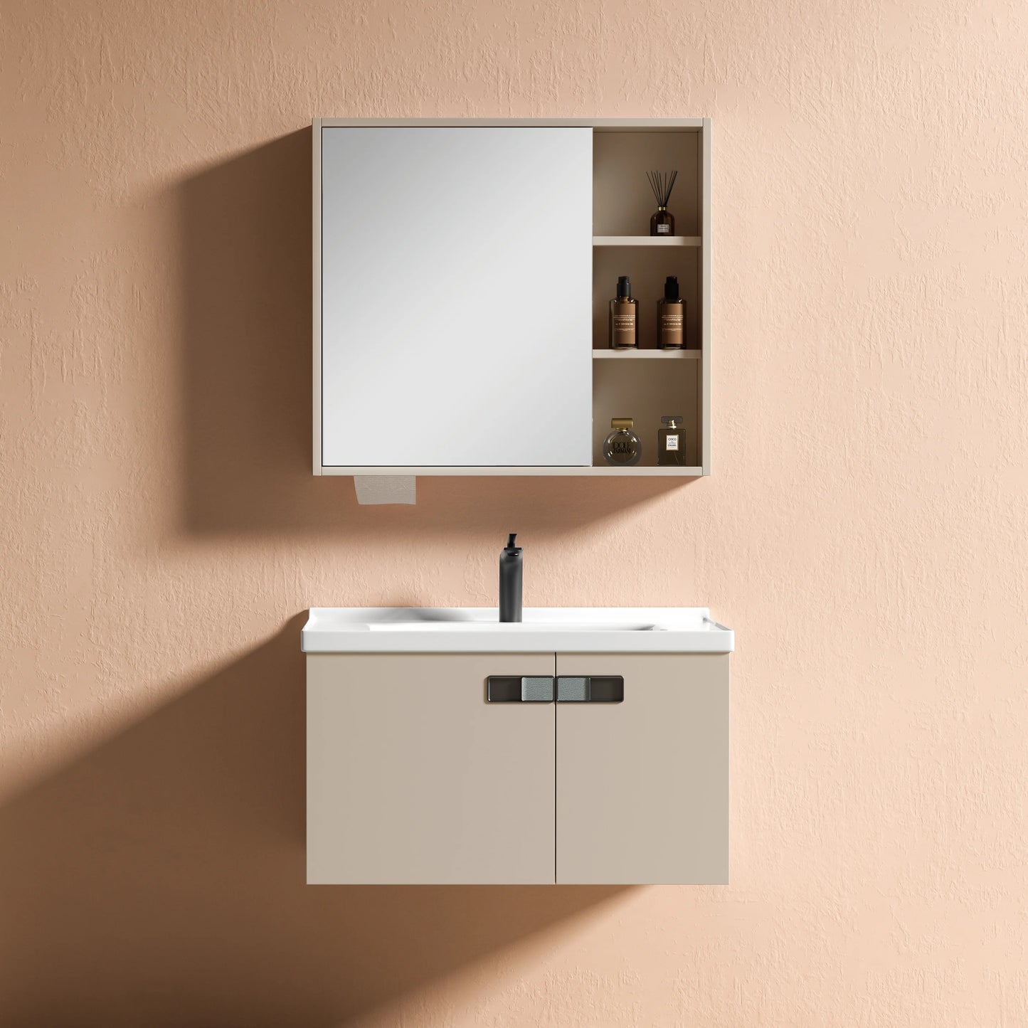 Modern Design Gray PVC Bathroom Vanity Cabinet Framed Mirror Wall-Mounted for  Villas Hotels Includes Wash Basin