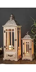 Large Rustic Wooden Decorative Lantern Set of 2, Modern Farmhouse Distressed Whitewash Floor Candle Lanterns, Indoor/Outdoor Han
