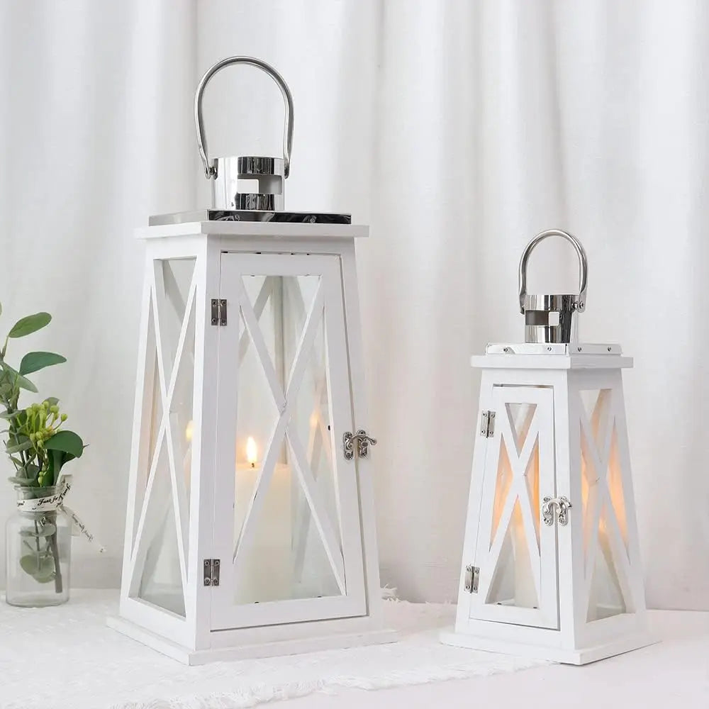Set of 2 Farmhouse Wood Candle Lantern 22'' &15.5'' H Decorative Candle Holders with Tempered Glass Rustic Hanging Lantern for G