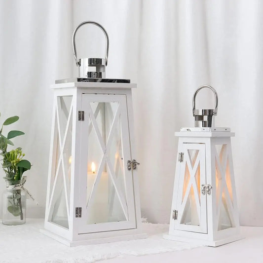 Set of 2 Farmhouse Wood Candle Lantern 22'' &15.5'' H Decorative Candle Holders with Tempered Glass Rustic Hanging Lantern for G