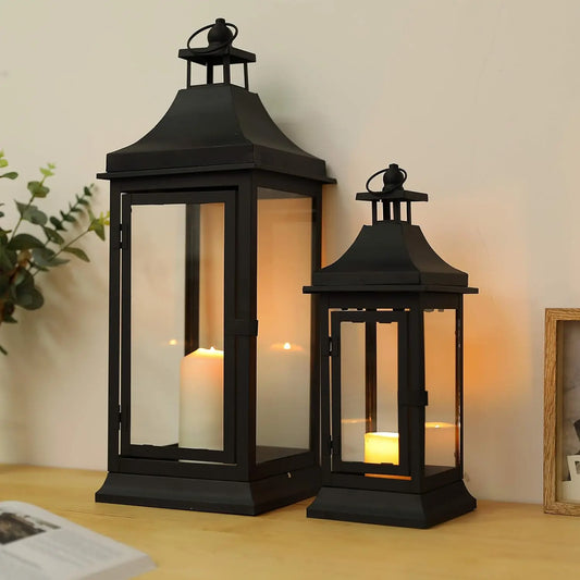 Set of 2 13''&19.5''Tall Outdoor Candle Lanterns Vintage Hanging Tower Lantern Metal Candle Holder for Garden Living Room Indoor