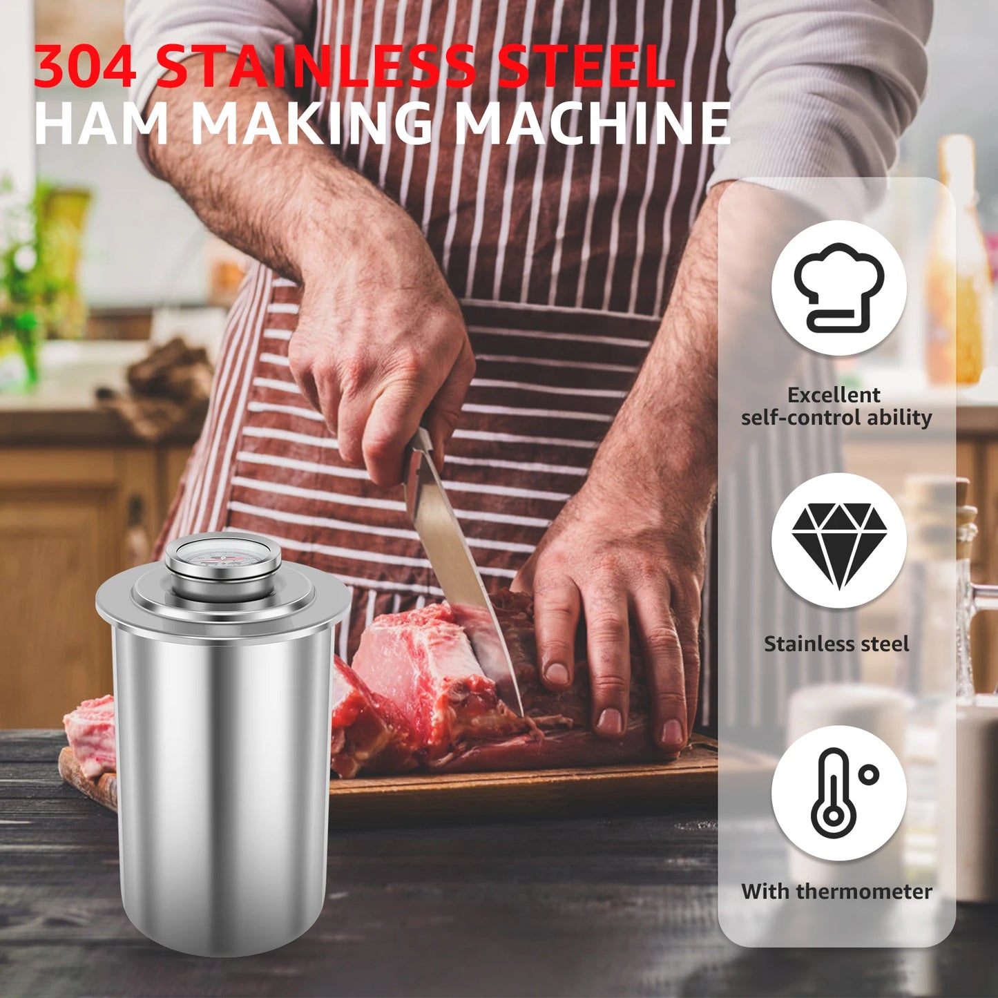 Stainless Steel Meat Press Cooker Large Capacity Ham Maker Round Shape Deli Meat Press Mold With Thermometer For Home Kitchen