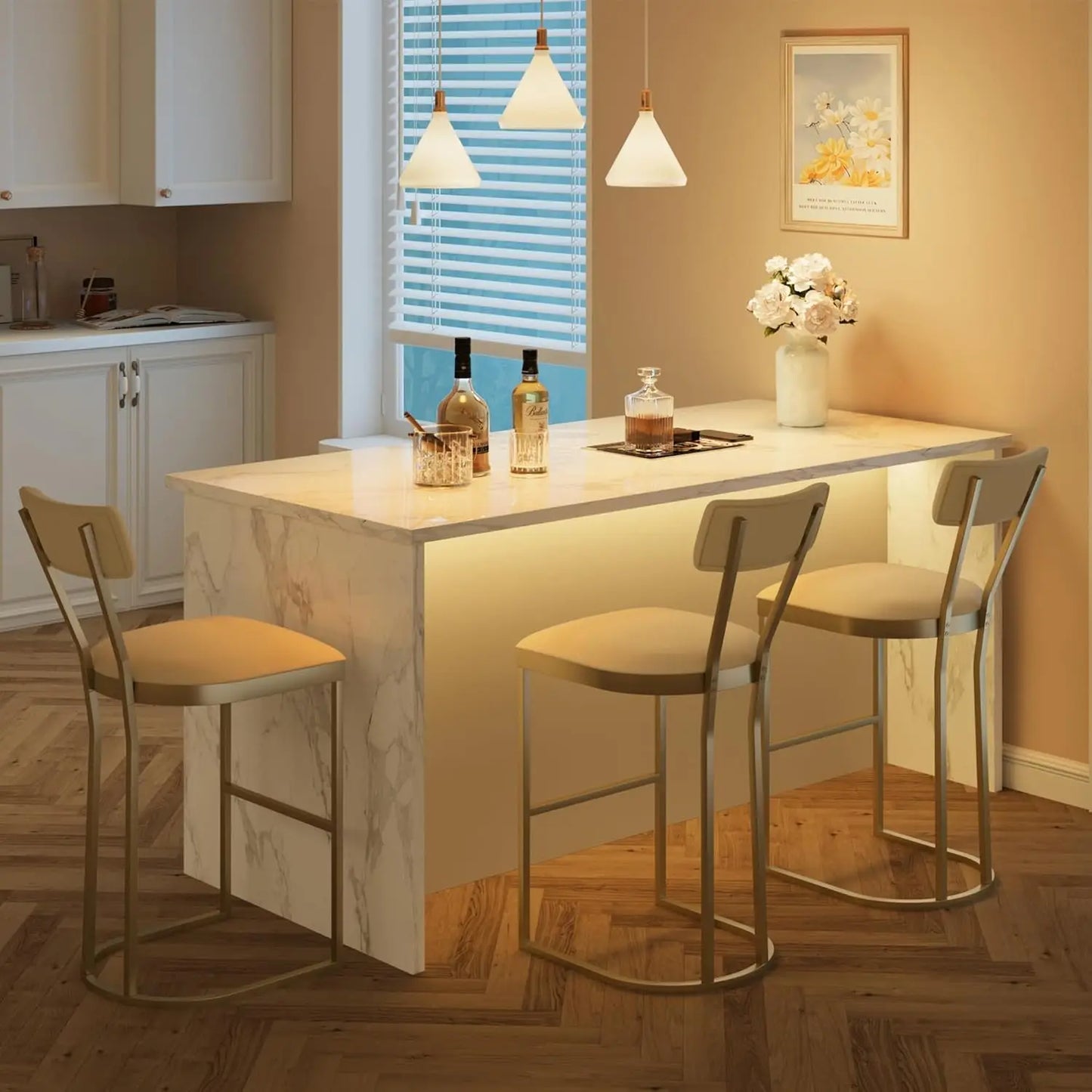 Bar Stools Set of 2, Curved Back with Metal Frame Island Chairs with Upholstered Modern Tall Barstools Counter Stools for Home