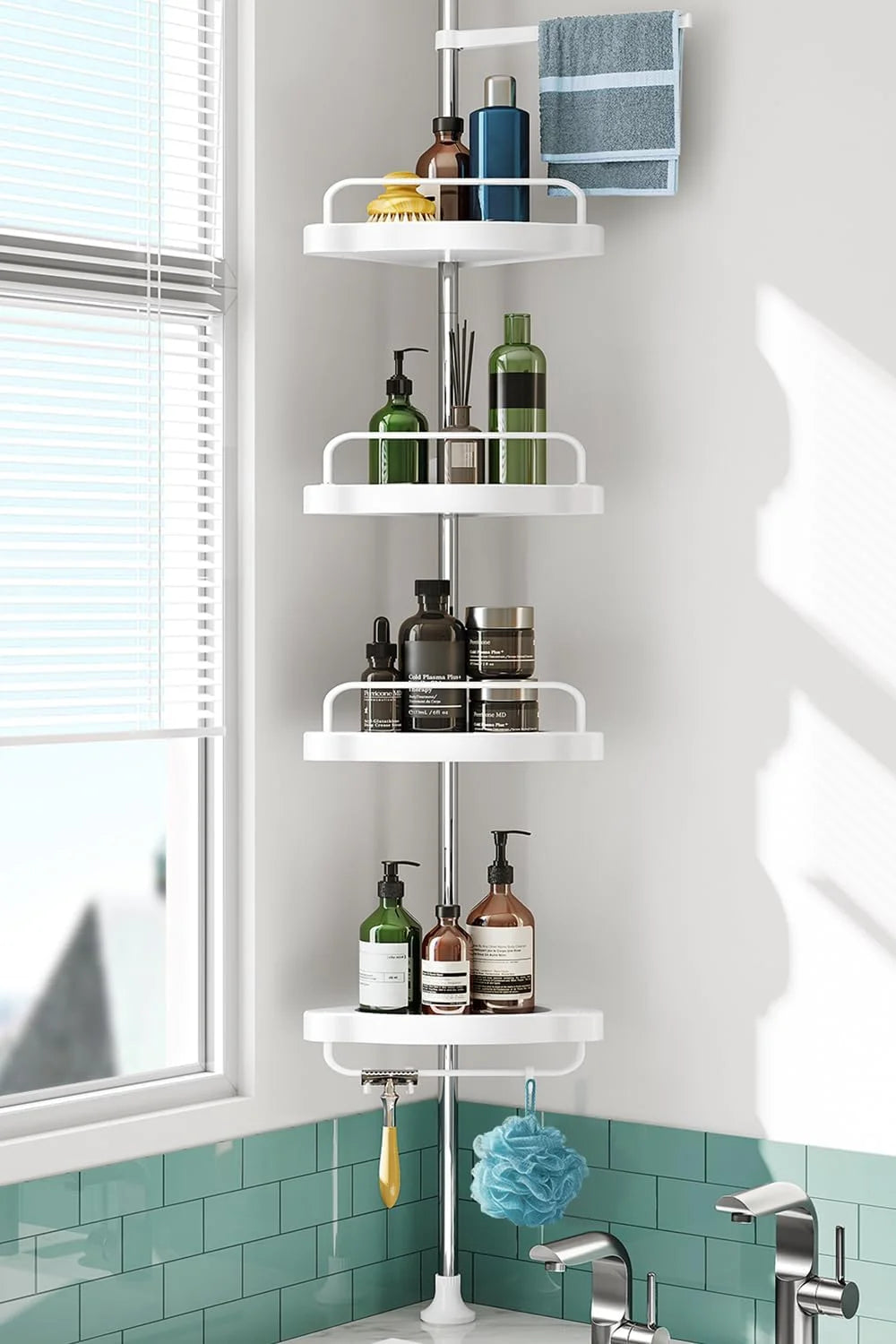 Corner Shower Rack with Tension Rod - Rustproof Bathtub Storage Shelf, 4 Adjustable Shelves for Bathroom Storage & Essentials