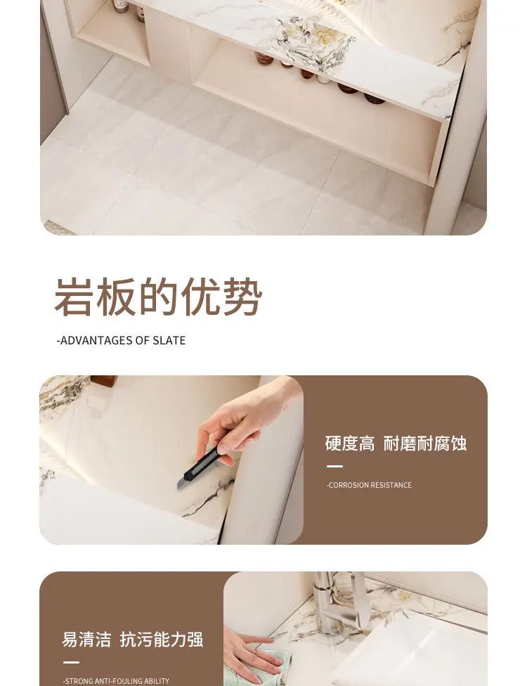 Modern Bathroom Vanity Cabinet Sink Small-sized Bathroom Cabinet with Smart Round Mirror Rock Ceramic Basin Bathroom Furniture