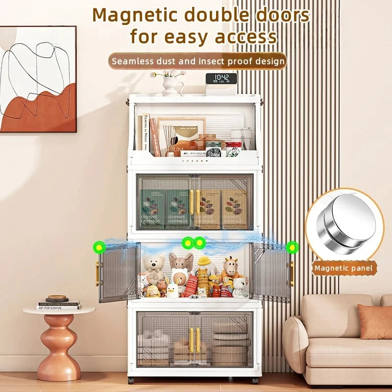 Large Foldable Flip-Top Transparent Storage Cabinet with Wheels - Space-Saving Mobile Organizer for Kitchen Bedroom Living Room