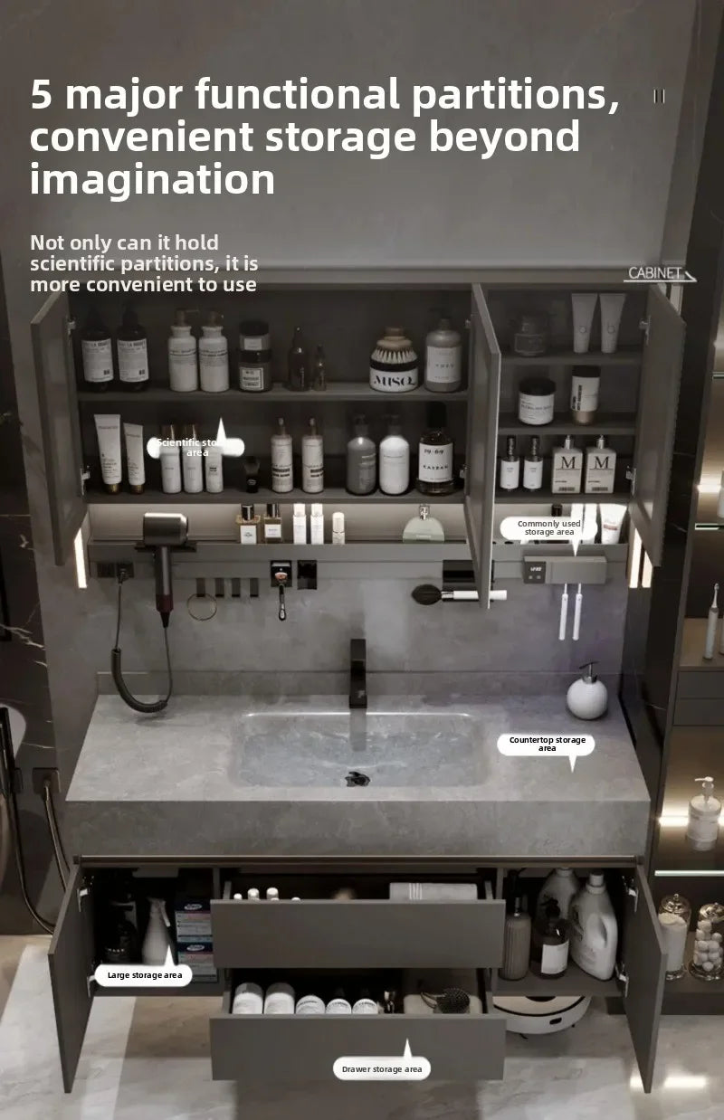Bathroom Cabinet with Rock Plate Integrated Basin Bathroom Vanity Cabinet with Sink Smart Mirror Combination Bathroom Furniture