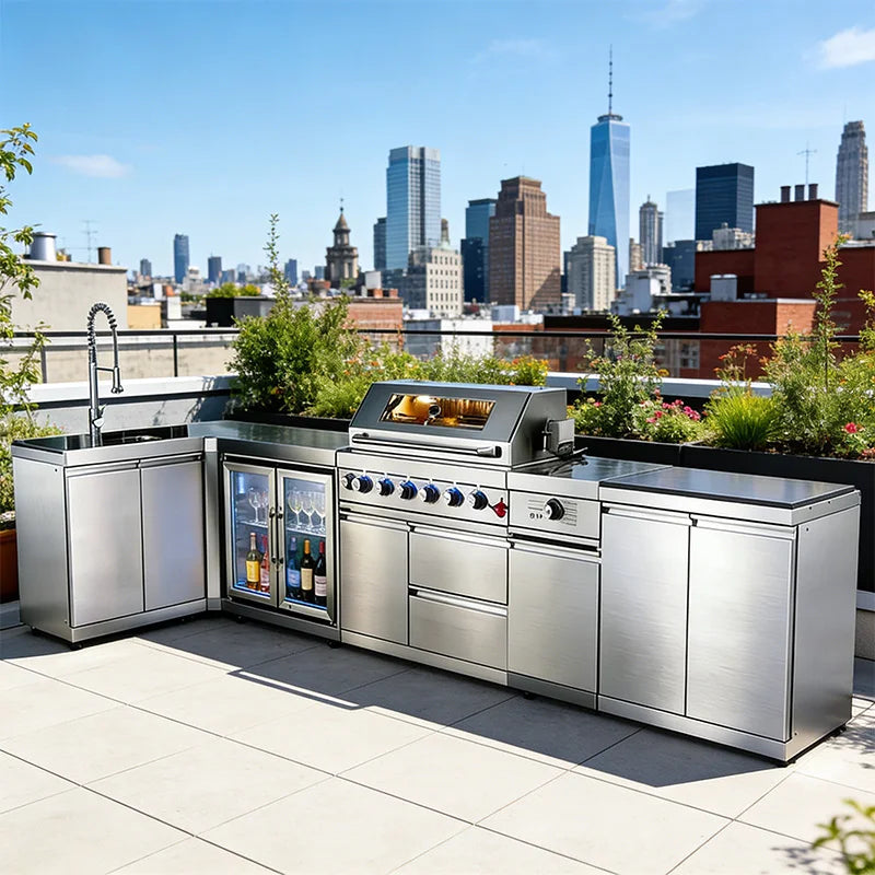 A Full Kitchen Suite Including Grill Cooktop Sink And Fridge With Waterproof Custom Outdoor Stainless Steel Cabinet For Backyard