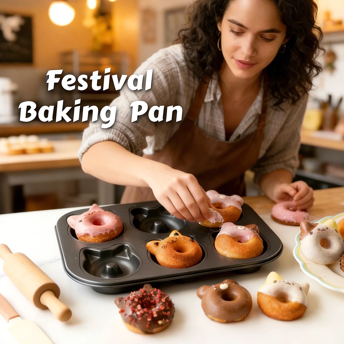 Donut Baking Pan Cat & Bear-Shaped Non-Stick Carbon Steel Doughnut Mold Muffin Cake Pan for Dessert Pastry DIY Kitchen Accessory