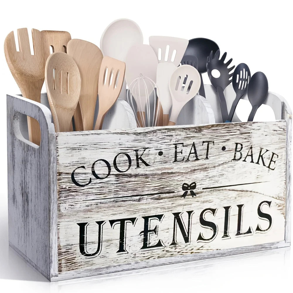 Kitchen Utensils Holder with 3 Compartments, Wooden Utensil Organizer for Kitchen Countertop, Farmhouse Kitchen Decor
