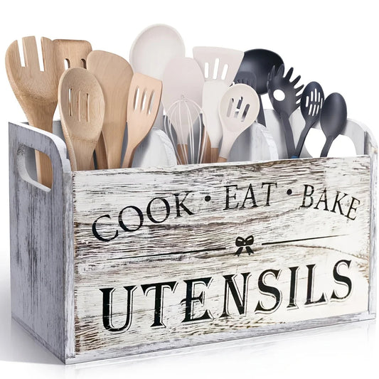 Kitchen Utensils Holder with 3 Compartments, Wooden Utensil Organizer for Kitchen Countertop, Farmhouse Kitchen Decor