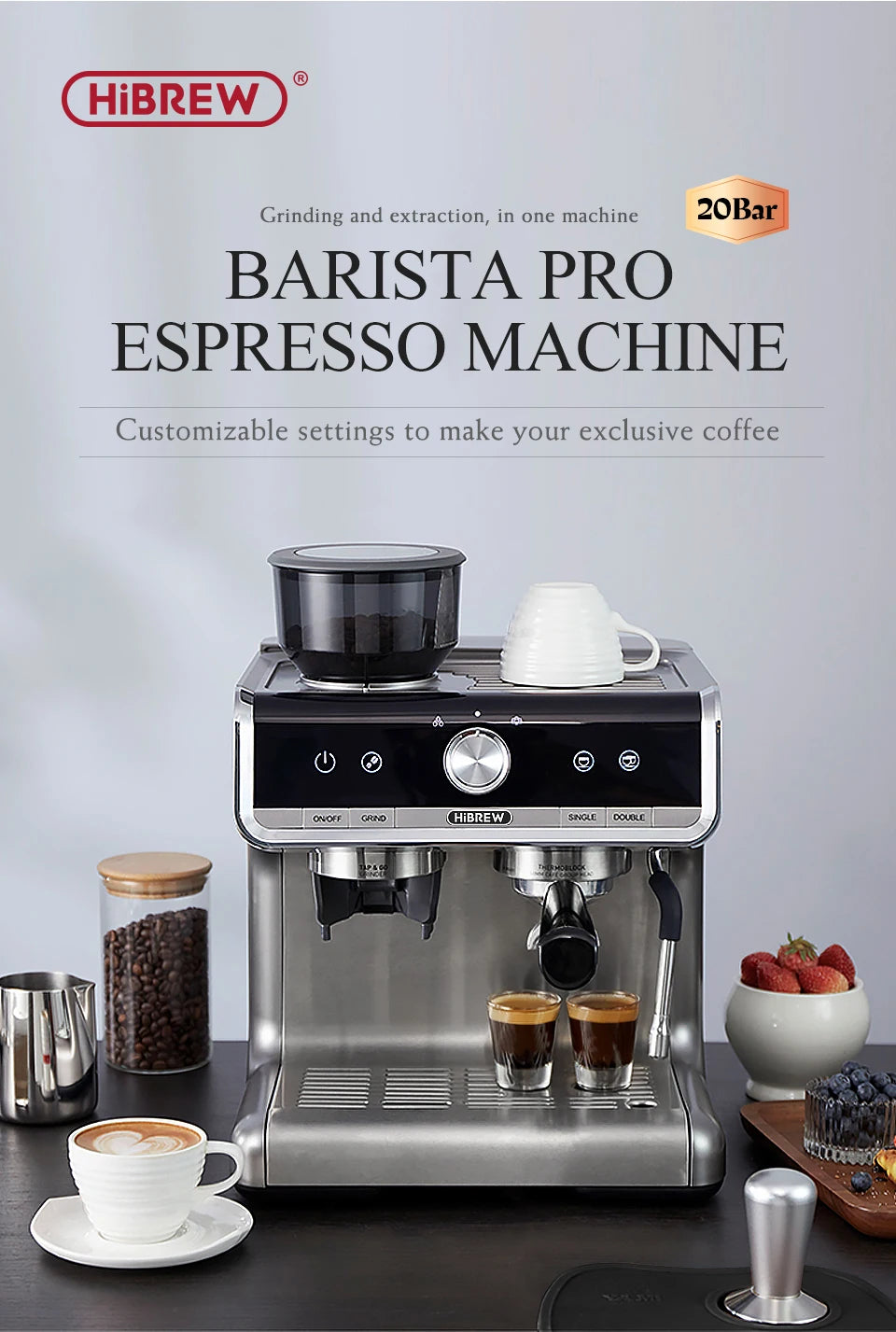 HiBREW  Barista Pro 20Bar Bean to Espresso,Cafetera  Commercial Level Coffee Machine with Full Kit for Cafe Hotel Restaurant H7