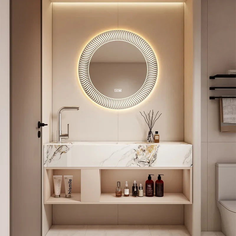 Modern Bathroom Vanity Cabinet Sink Small-sized Bathroom Cabinet with Smart Round Mirror Rock Ceramic Basin Bathroom Furniture