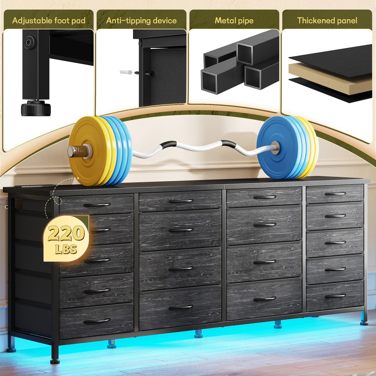 Large Capacity 63 Inch Dresser with 18 Deep Drawers LED Lighting and Built In Power Hub for Bedroom Living Room or Hallway