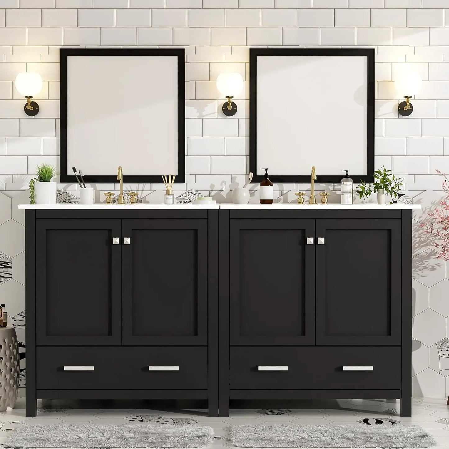 60" Double Sink Bathroom Vanity Solid Wood Cabinet Storage Drawers Racks Black, Customized
