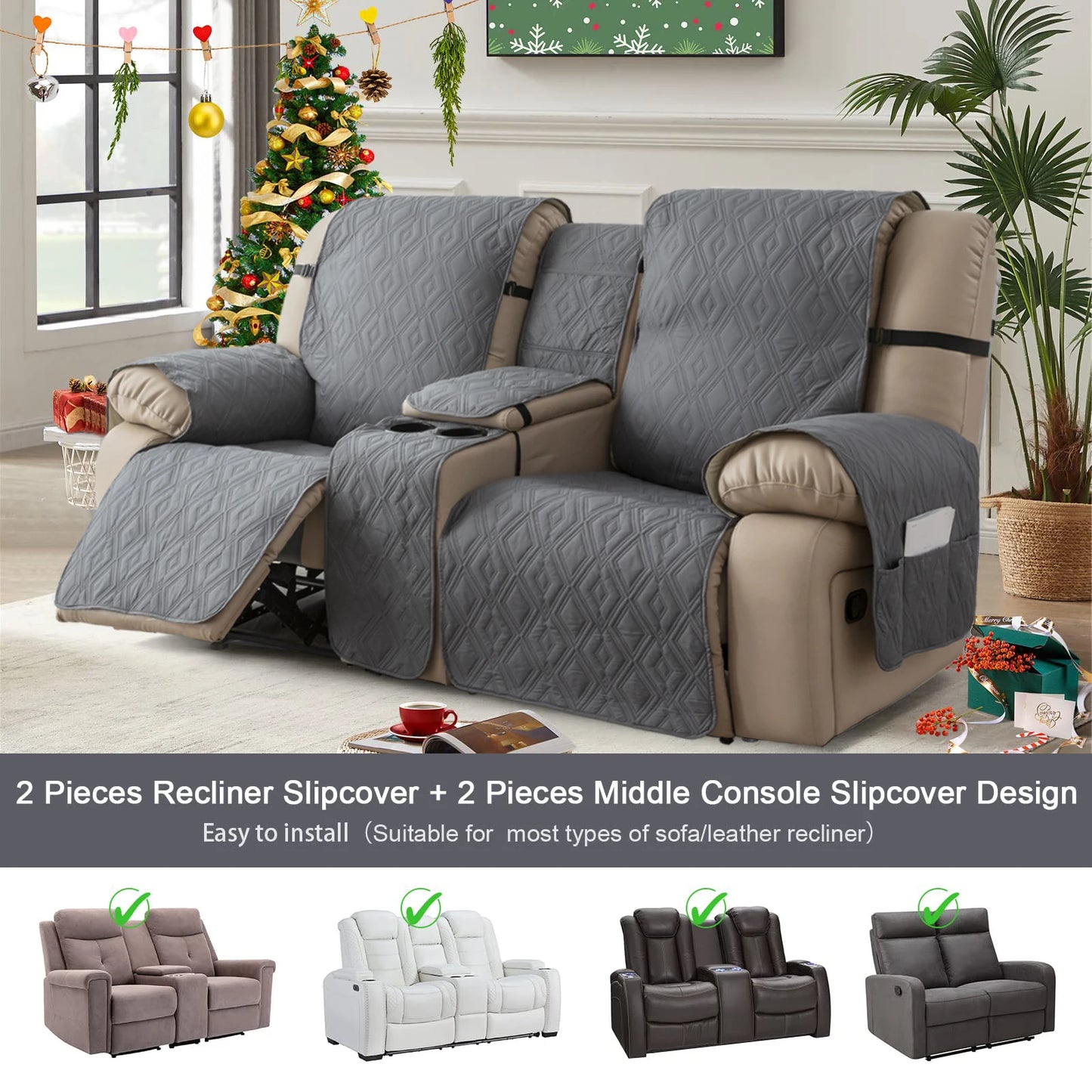Recliner Slipcover With Center Console 100% Waterproof Pet Cover For Recliner With Straps For Bedroom Office Home Decor