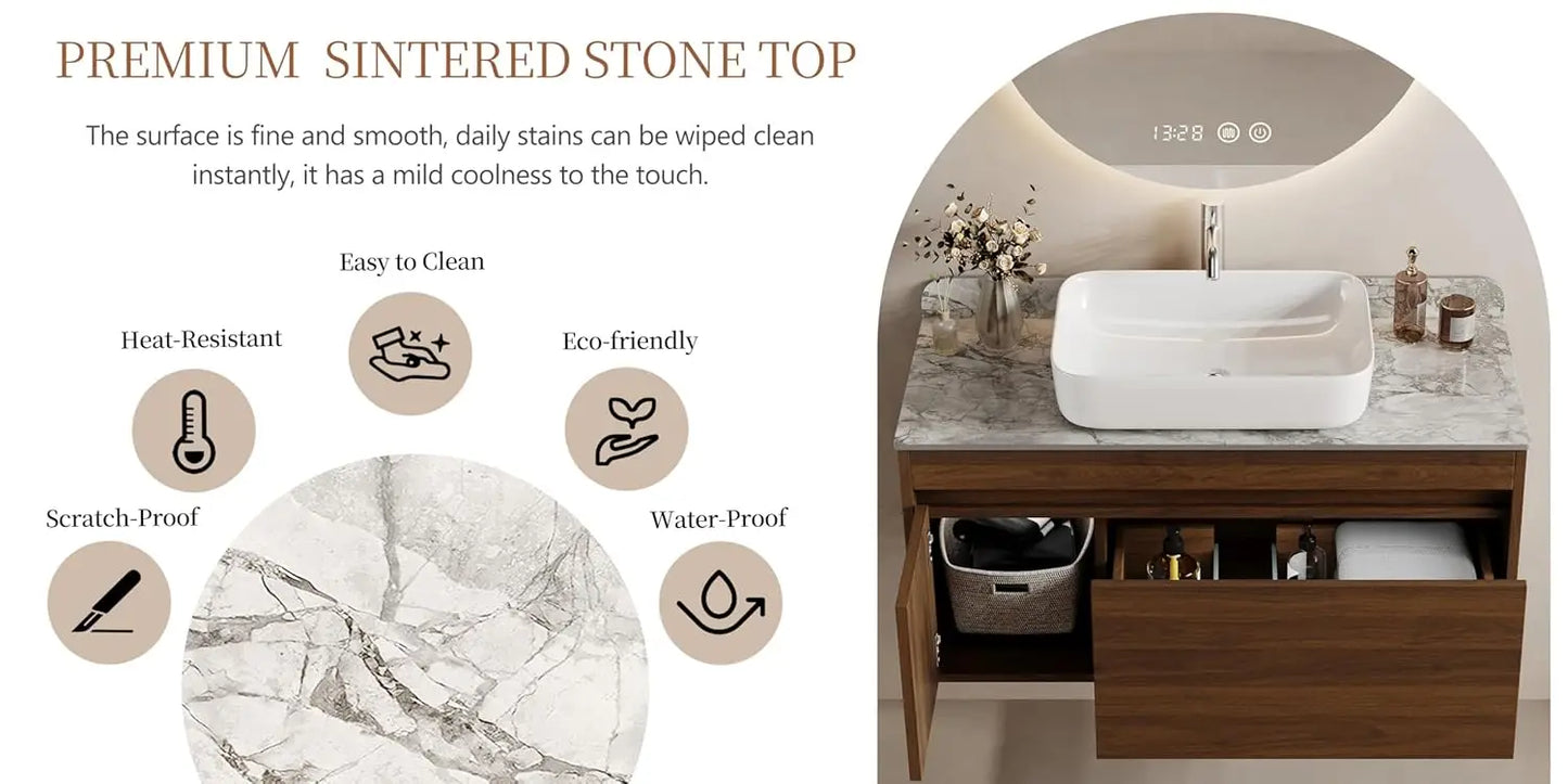 36in Floating Bathroom Vanity Sink Combo Wood Cabinet Gray Sintered Stone Countertop Easy Assembly Customized