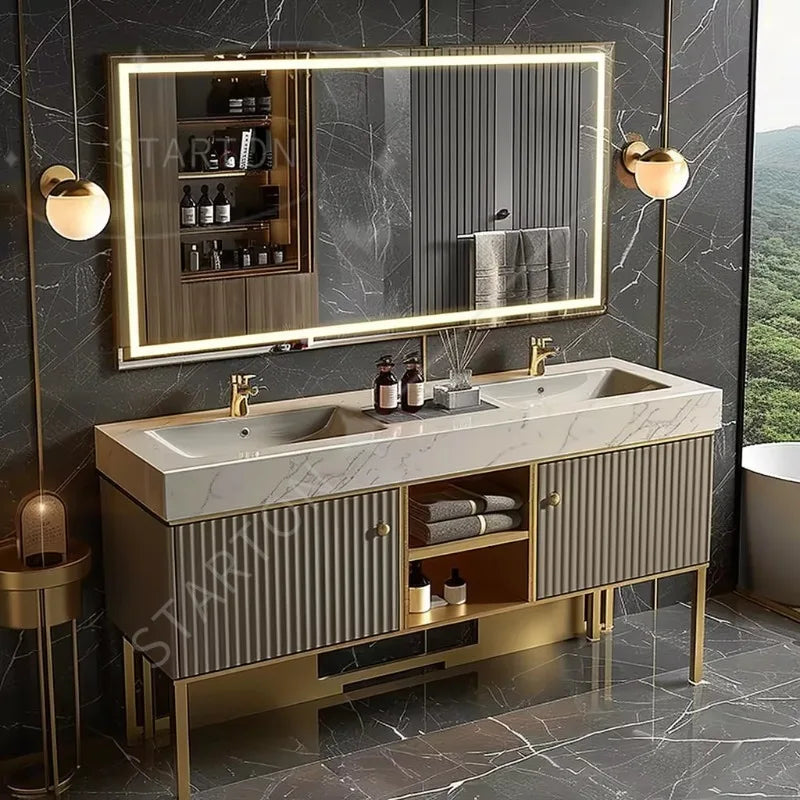 Luxury Countertop Double Basin Vanity Sink Bathroom Stainless Steel Marble Countertop Bathroom Cabinets Vanities