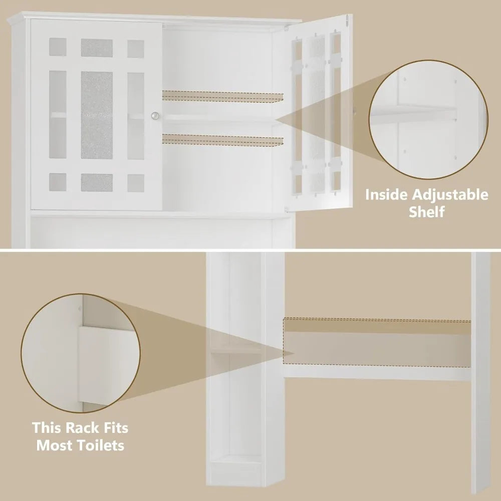 Freestanding Toilet-Top Storage Cabinet with 2 Glass Doors and Adjustable Shelves