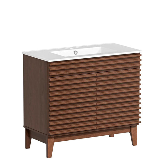 36in Mid-Century Freestanding Bathroom Vanity Sink Storage Undermount Ceramic Wood Grain Walnut Customized