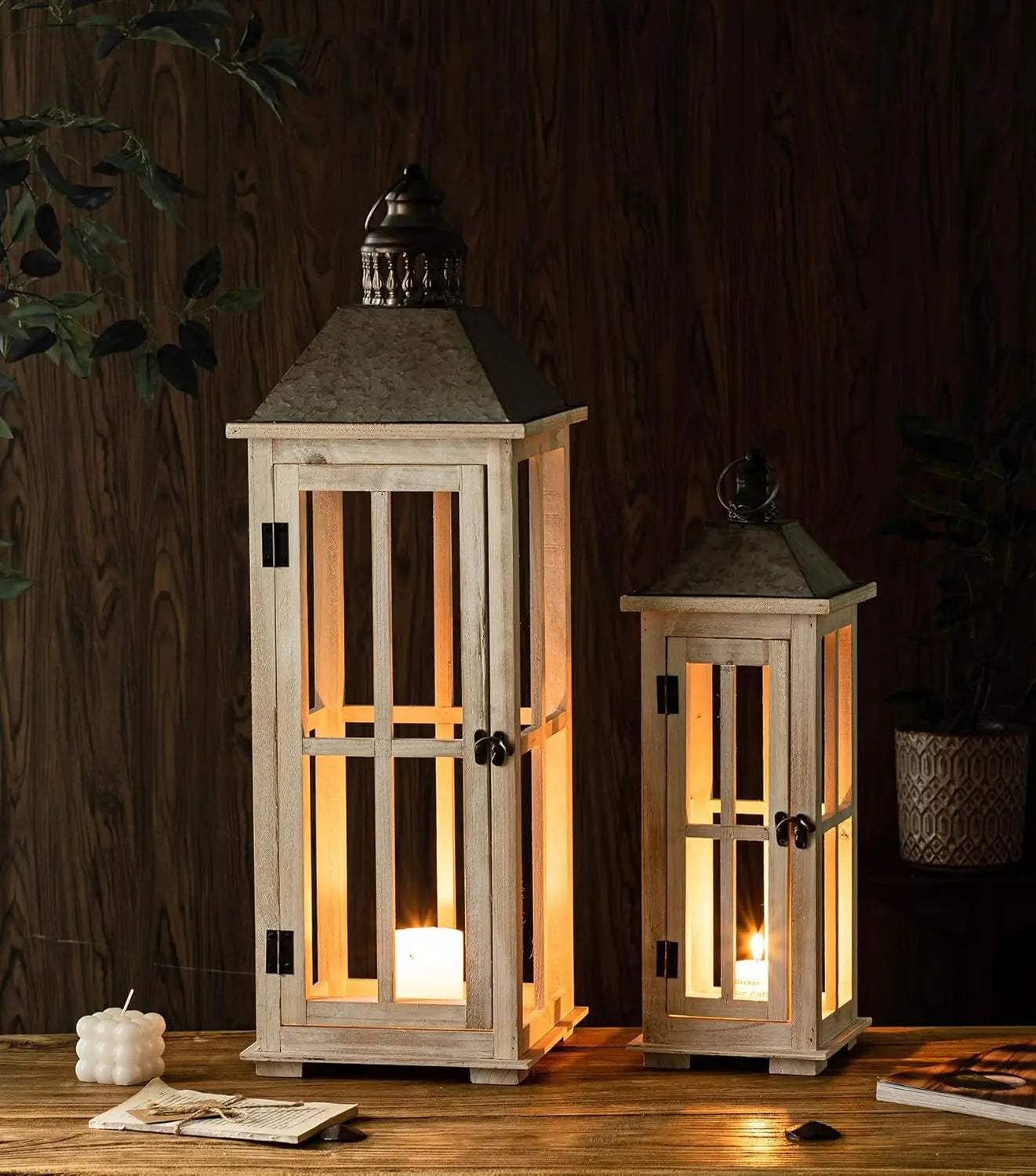 Large Rustic Wooden Decorative Lantern Set of 2, Modern Farmhouse Distressed Whitewash Floor Candle Lanterns, Indoor/Outdoor Han
