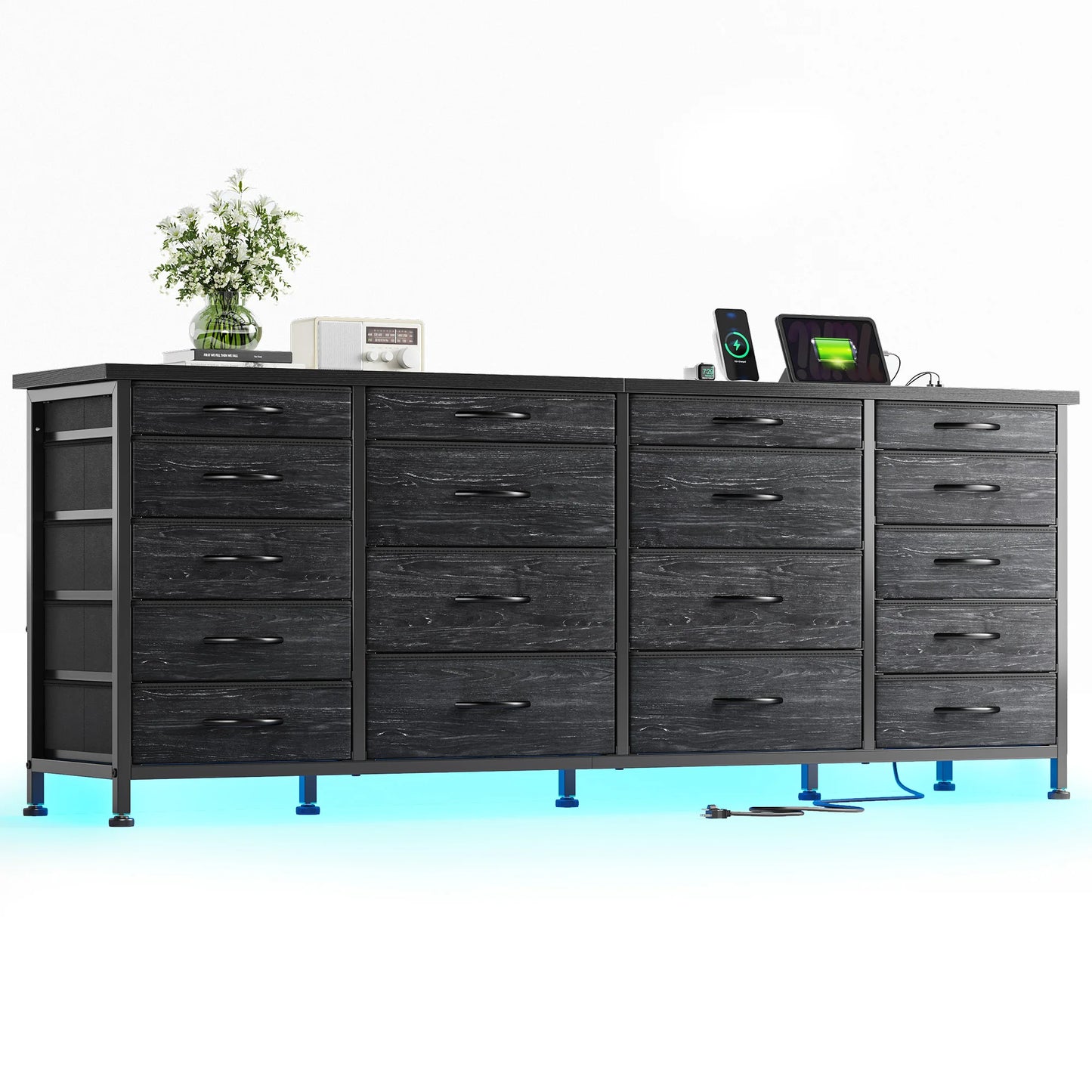 Large Capacity 63 Inch Dresser with 18 Deep Drawers LED Lighting and Built In Power Hub for Bedroom Living Room or Hallway