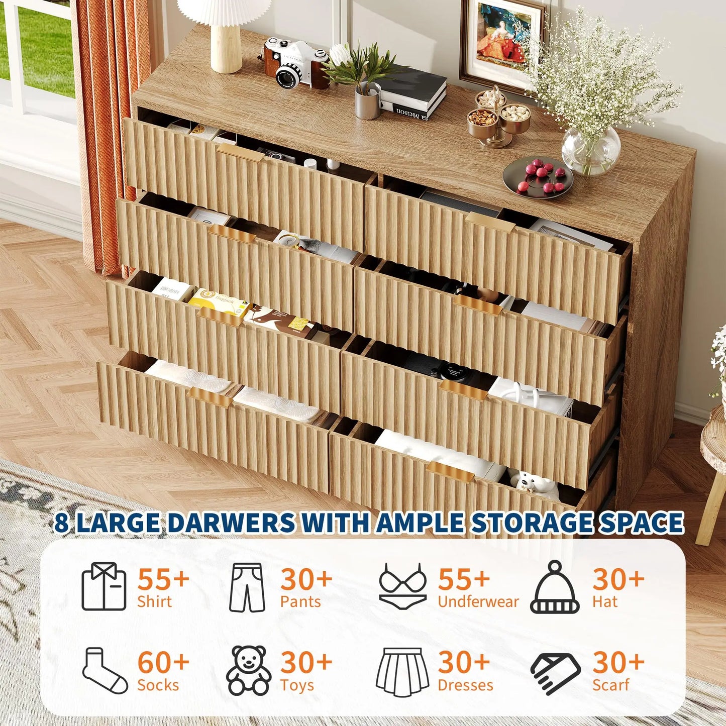 Fluted 8-Drawer Dresser With Wall Anchor, Anti-Tip Modern Chest Of Drawers, Double Dresser For Bedroom, Living Room, Entryway