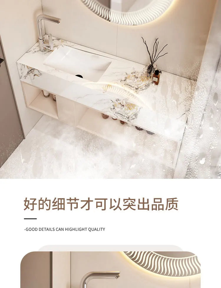 Modern Bathroom Vanity Cabinet Sink Small-sized Bathroom Cabinet with Smart Round Mirror Rock Ceramic Basin Bathroom Furniture