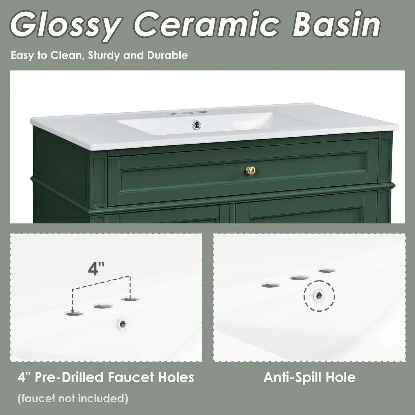 36in Solid Wood Bathroom Vanity with Soft-Close Doors & Tip-Out Drawer Undermount Sink Cabinet Green Customized