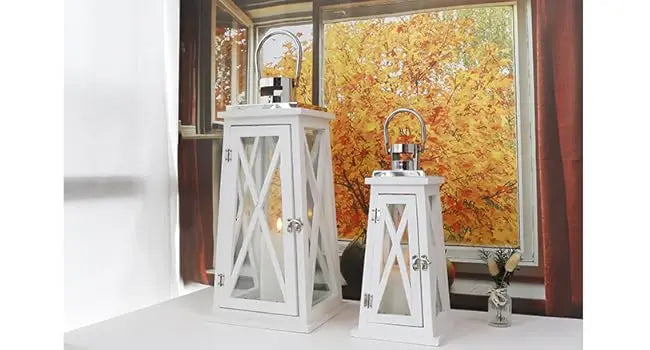 Set of 2 Farmhouse Wood Candle Lantern 22'' &15.5'' H Decorative Candle Holders with Tempered Glass Rustic Hanging Lantern for G