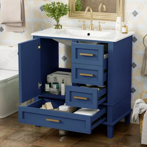 30" Bathroom Vanity with Sink Solid Wood Cabinet Waterproof Modern Storage with 3 Drawers Soft Close Door Sink Vanity Combo Set