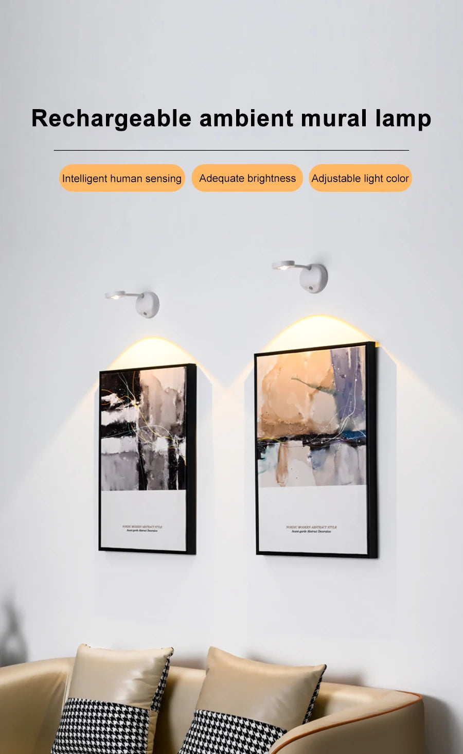 Wall Lamp Rechargeable Intelligent Human Sensing Wireless Night Light Dimmable LED Spotlights for Decoration Painting Lighting