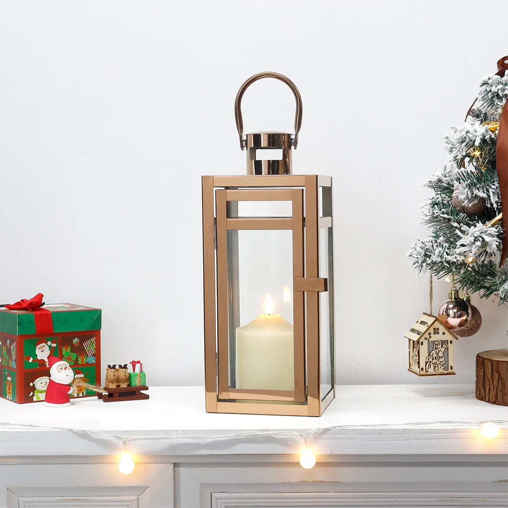 Stainless Steel Candle Holder Lanterns Rose Gold Hanging Lantern Candlestick Light for Indoor Outdoor Weddings Party Home Decor