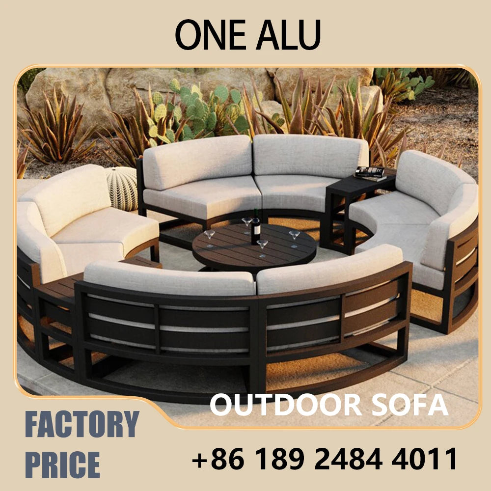 360° Round Outdoor Sofa Set - Deep Grey Aluminum Patio Furniture, Waterproof for Garden and Balcony