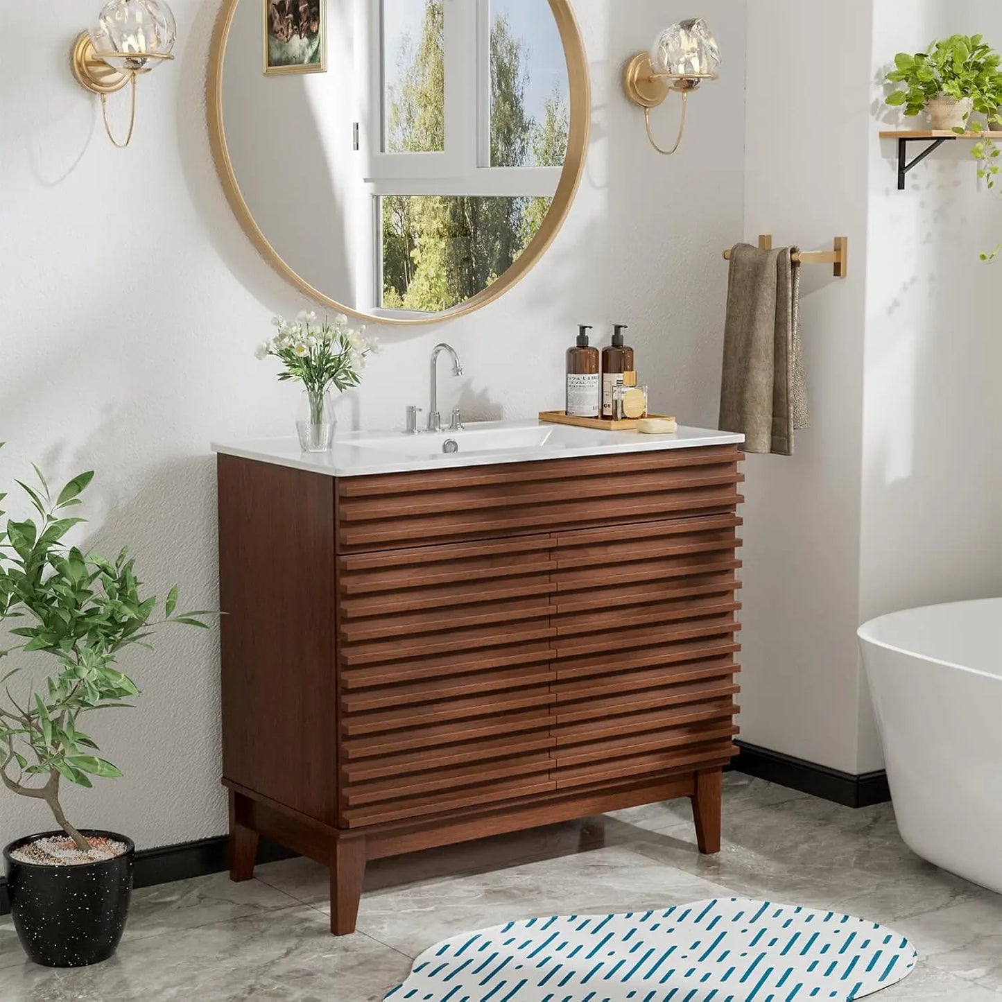 36in Mid-Century Freestanding Bathroom Vanity Sink Storage Undermount Ceramic Wood Grain Walnut Customized