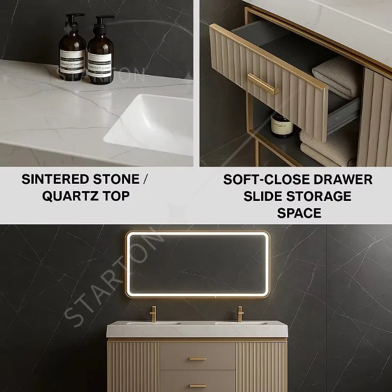 Luxury Countertop Double Basin Vanity Sink Bathroom Stainless Steel Marble Countertop Bathroom Cabinets Vanities