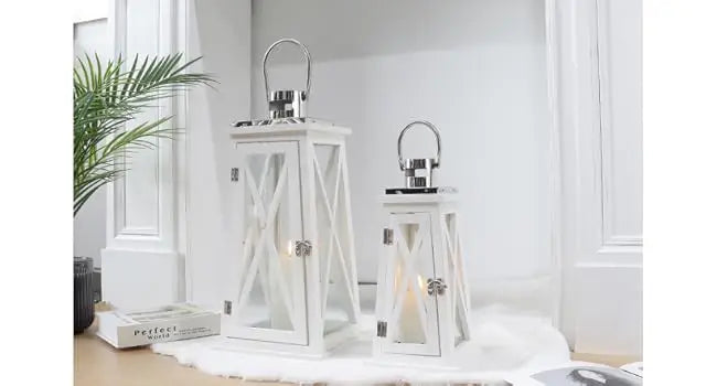 Set of 2 Farmhouse Wood Candle Lantern 22'' &15.5'' H Decorative Candle Holders with Tempered Glass Rustic Hanging Lantern for G