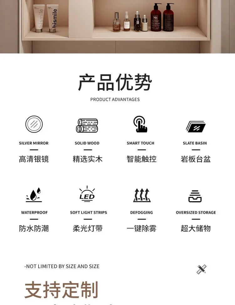 Modern Bathroom Vanity Cabinet Sink Small-sized Bathroom Cabinet with Smart Round Mirror Rock Ceramic Basin Bathroom Furniture