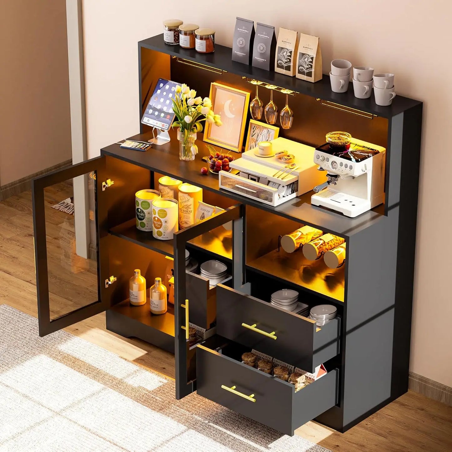 Bar Cabinet with Wine Rack, Liquor Cabinet with RGB Light, Coffee Bar Cabinets with USB Power Outlet, Home Wine, Customized