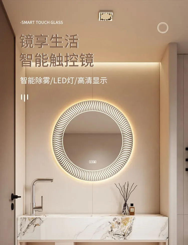 Modern Bathroom Vanity Cabinet Sink Small-sized Bathroom Cabinet with Smart Round Mirror Rock Ceramic Basin Bathroom Furniture