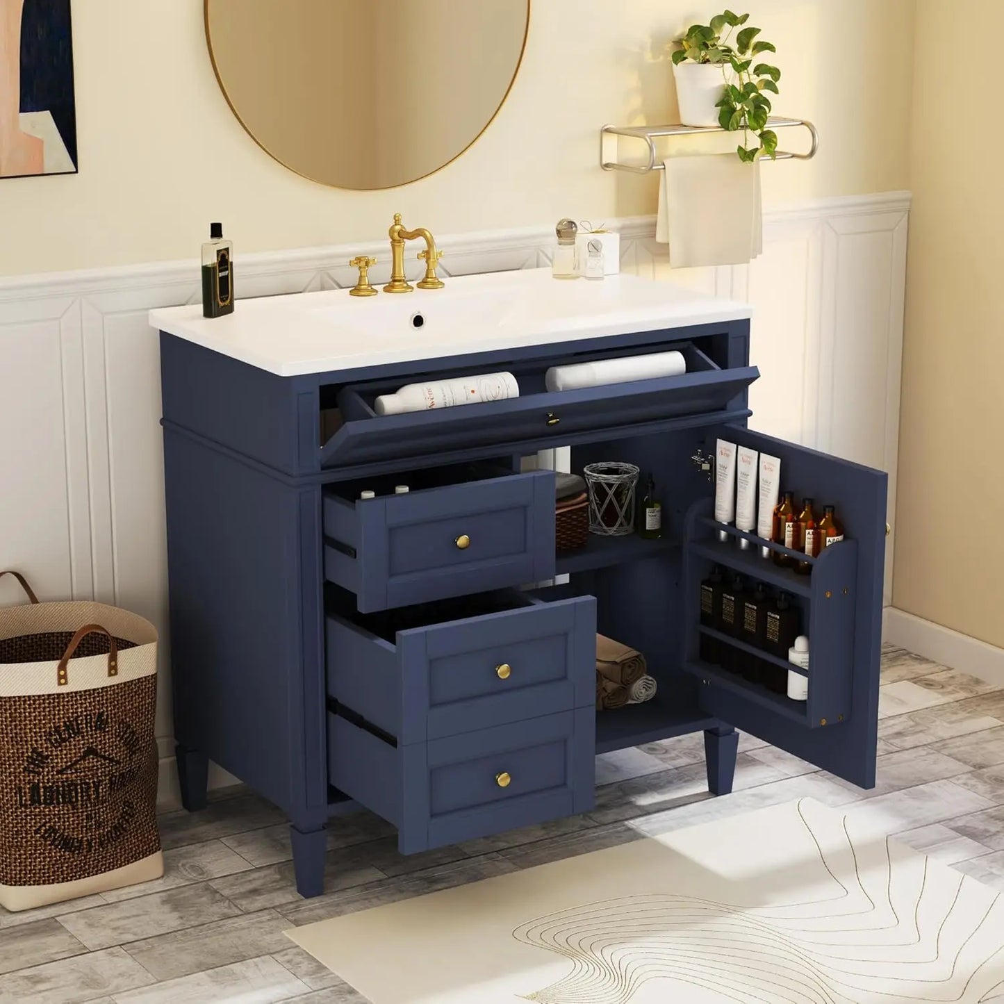 36in Solid Wood Bathroom Vanity with Soft-Close Doors & Tip-Out Drawer Undermount Sink Cabinet Green Customized