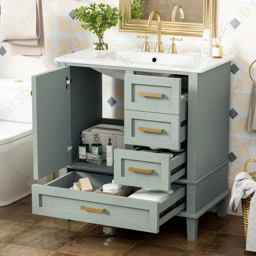 30" Bathroom Vanity with Sink Solid Wood Cabinet Waterproof Modern Storage with 3 Drawers Soft Close Door Sink Vanity Combo Set